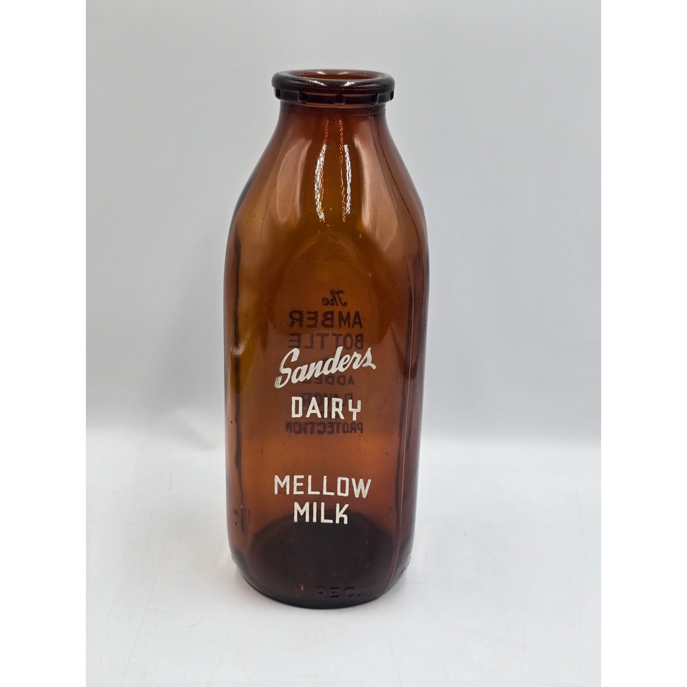 Sanders Dairy Milk Bottle One Quart Amber Glass Vintage Mellow Milk Excellent